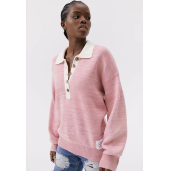 BDG Rugby Sweater Oversized Knit Collard Half Button Bubblegum Pink SZ XS - Picture 1 of 16